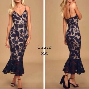 Lulu's Midnight Blue Floral Lace Midi Dress